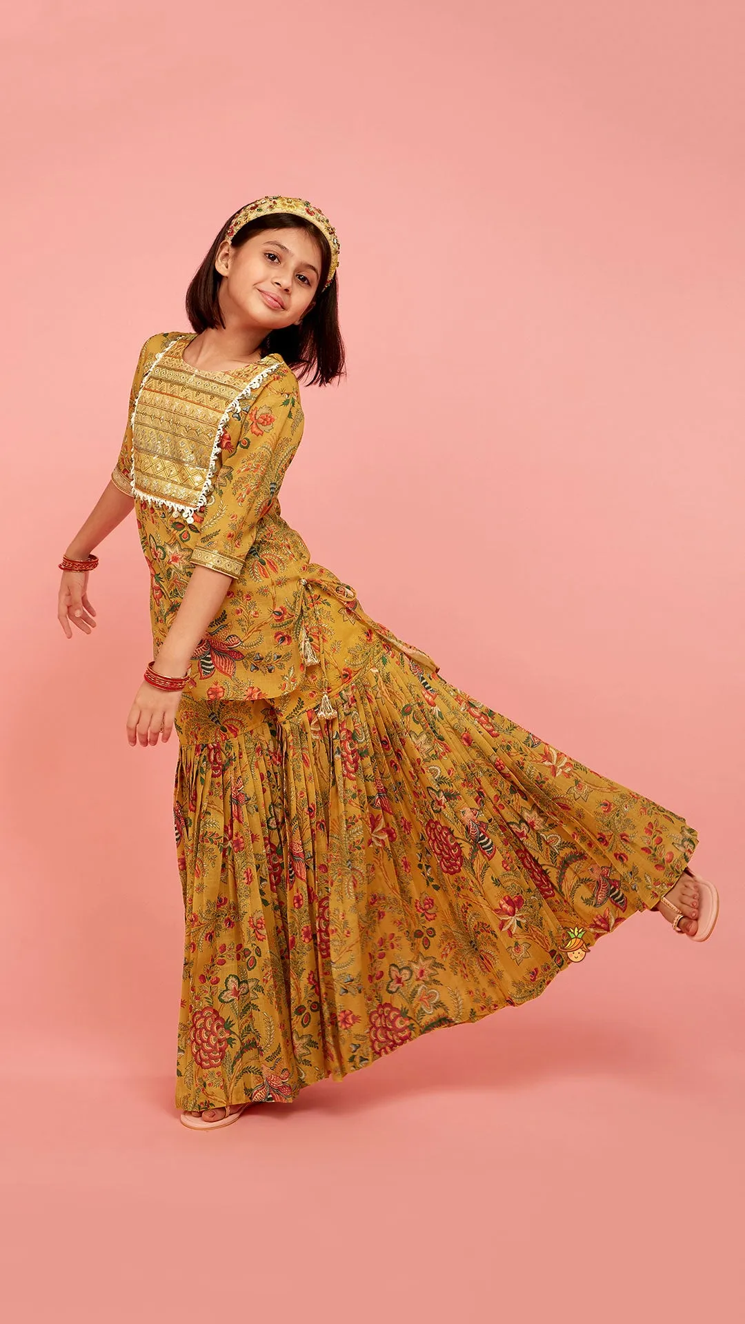 Pre Order: Intricate Yoke Gota Embroidered Mustard Printed Kurti And Pleated Sharara With Organza Sequined Dupatta