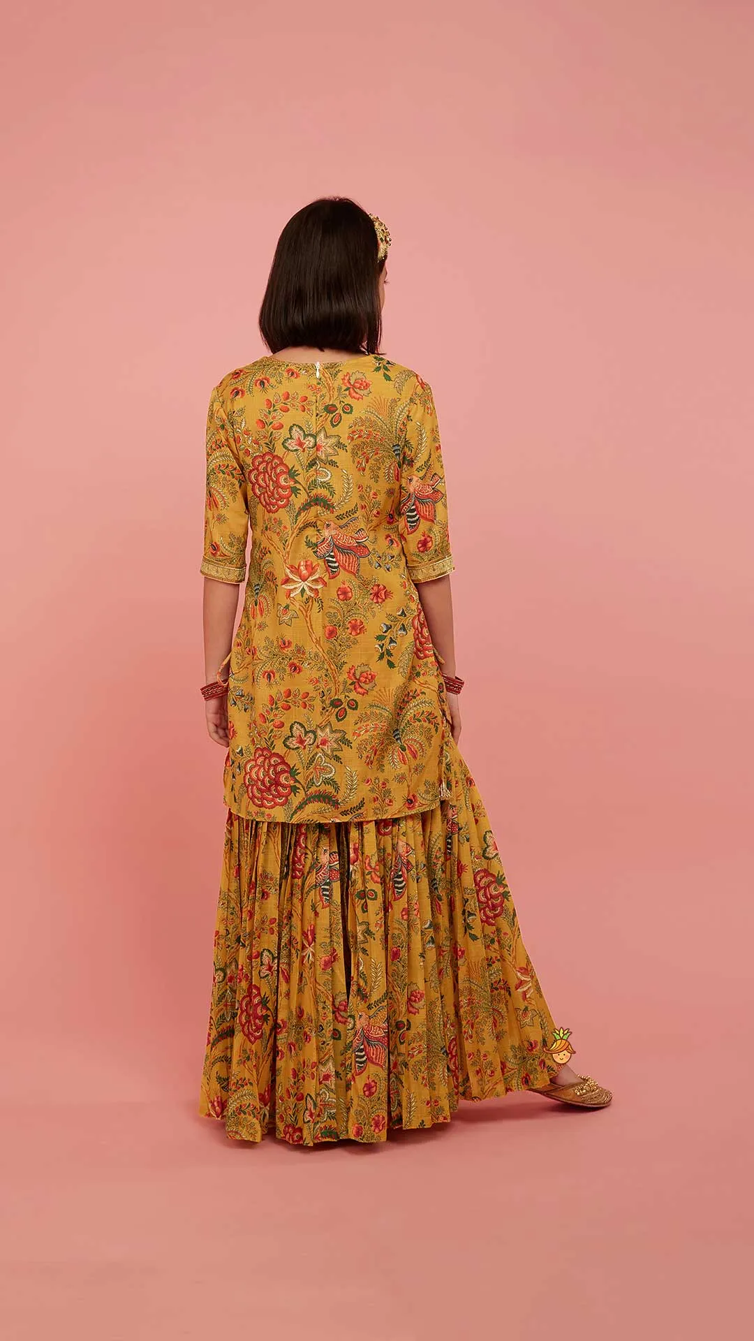 Pre Order: Intricate Yoke Gota Embroidered Mustard Printed Kurti And Pleated Sharara With Organza Sequined Dupatta