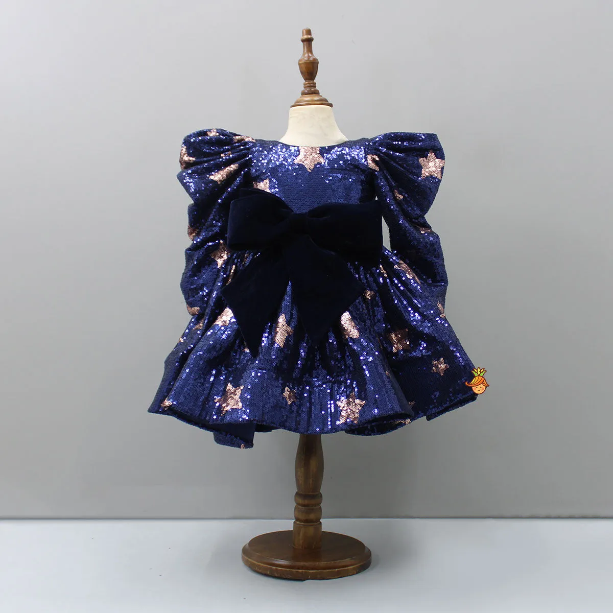 Pre Order: Puffed Sleeves Sequined Blue Dress With Head Band