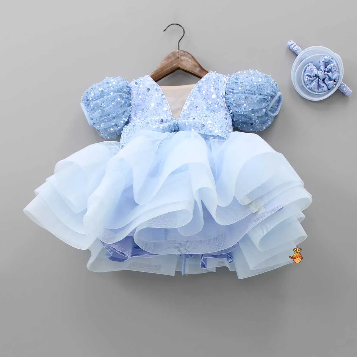 Pre Order: Sequined Blue Puff Sleeves Ruffle Dress With Bowie Head Band