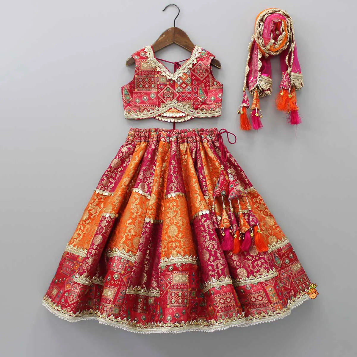 Pre Order: Stylish Brocade Multicolour Top And Lehenga With Net Dupatta