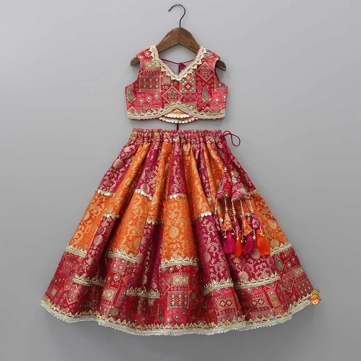 Pre Order: Stylish Brocade Multicolour Top And Lehenga With Net Dupatta