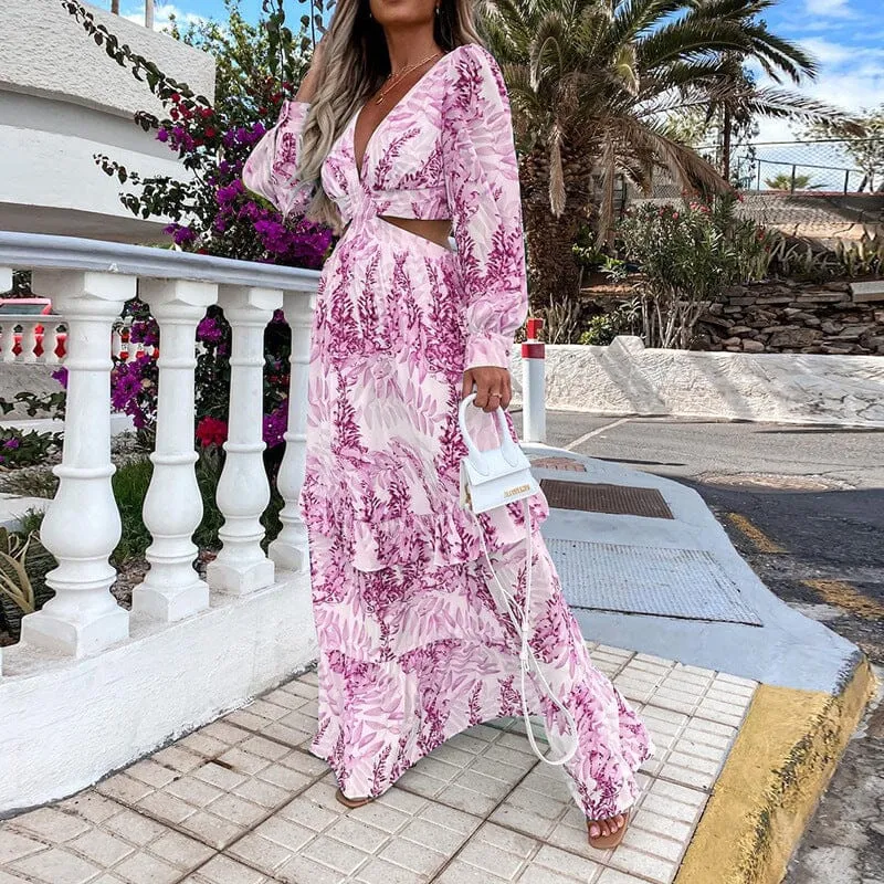 Printed V-Neck Long Sleeve Elegant Dress