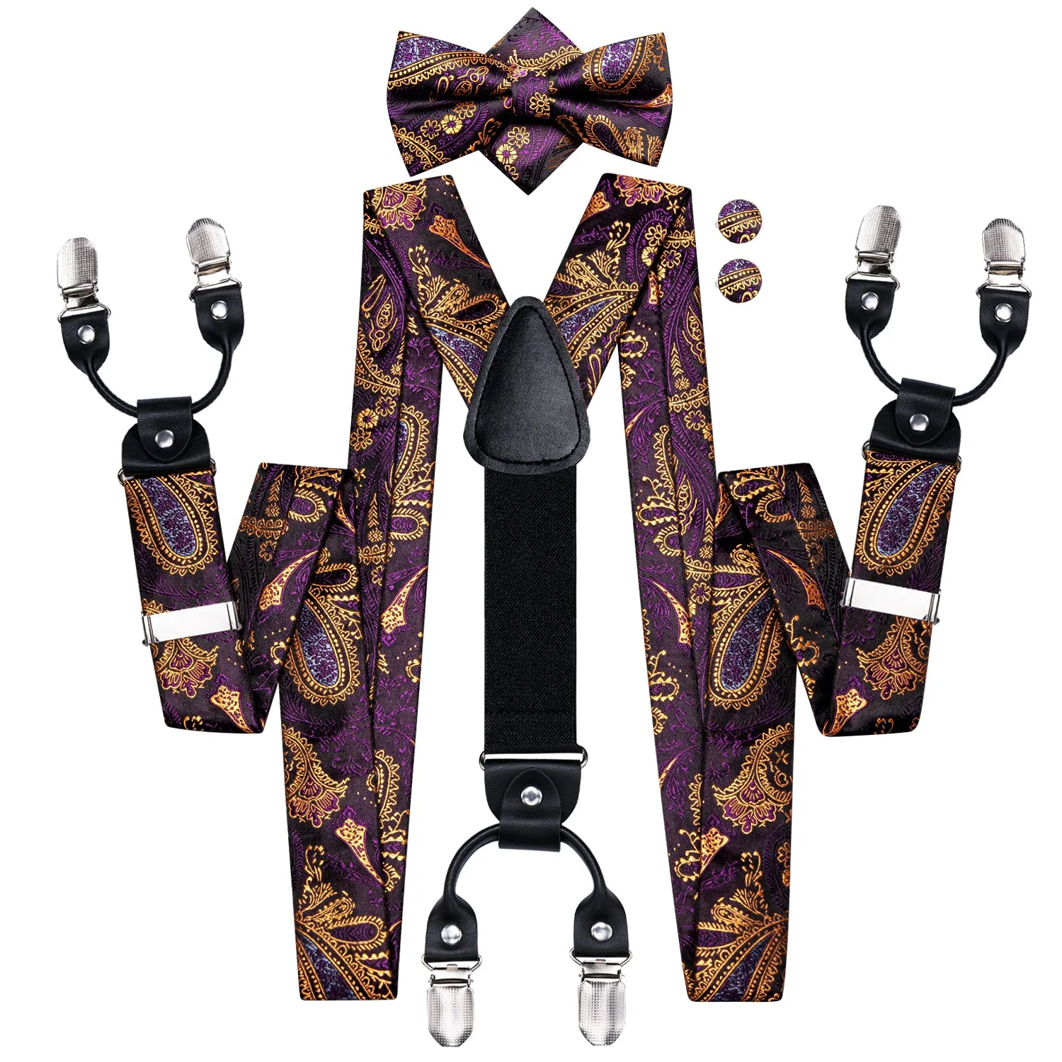 Purple Golden Paisley Suspender Bowtie Pocket Square Cufflinks Set