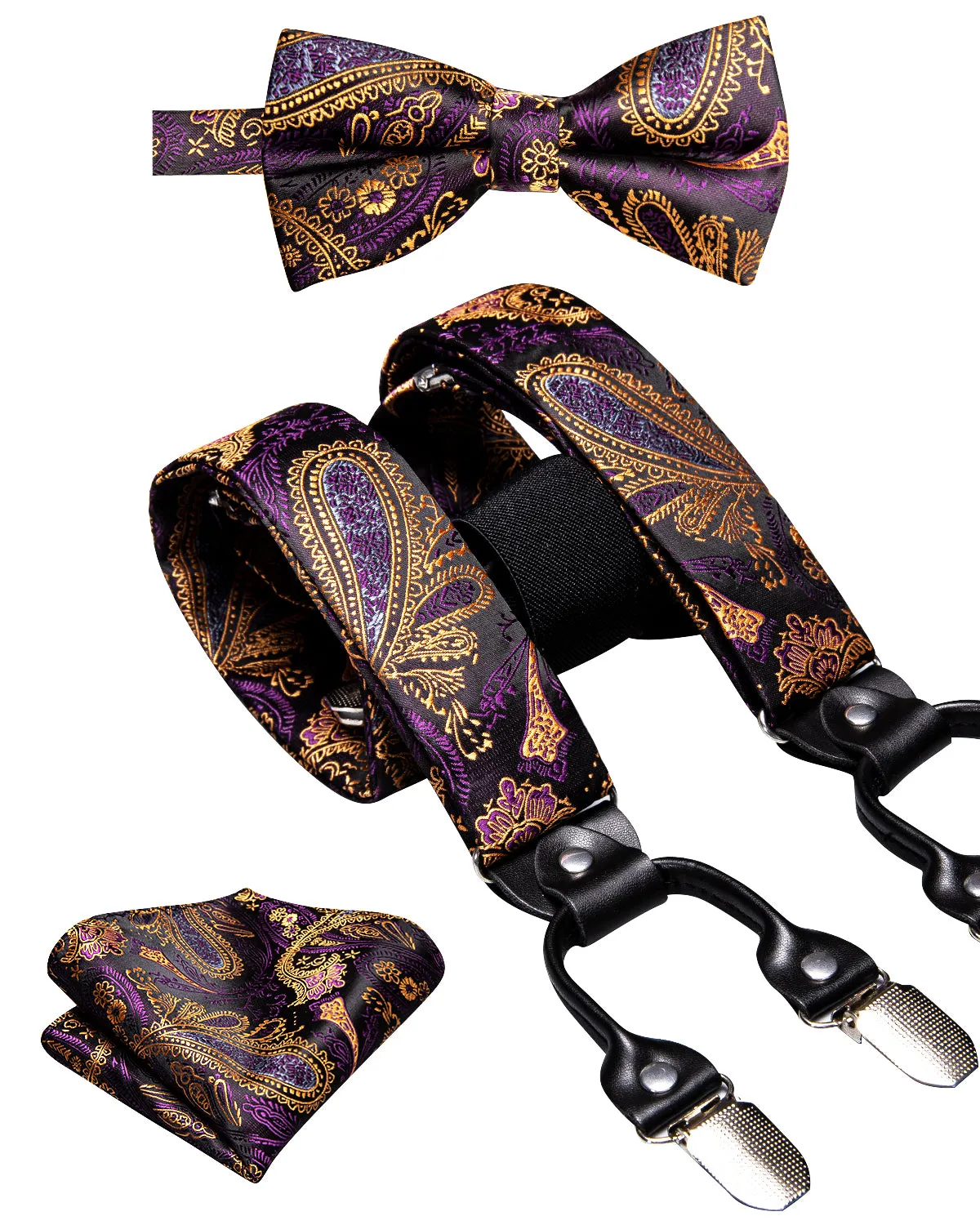 Purple Golden Paisley Suspender Bowtie Pocket Square Cufflinks Set