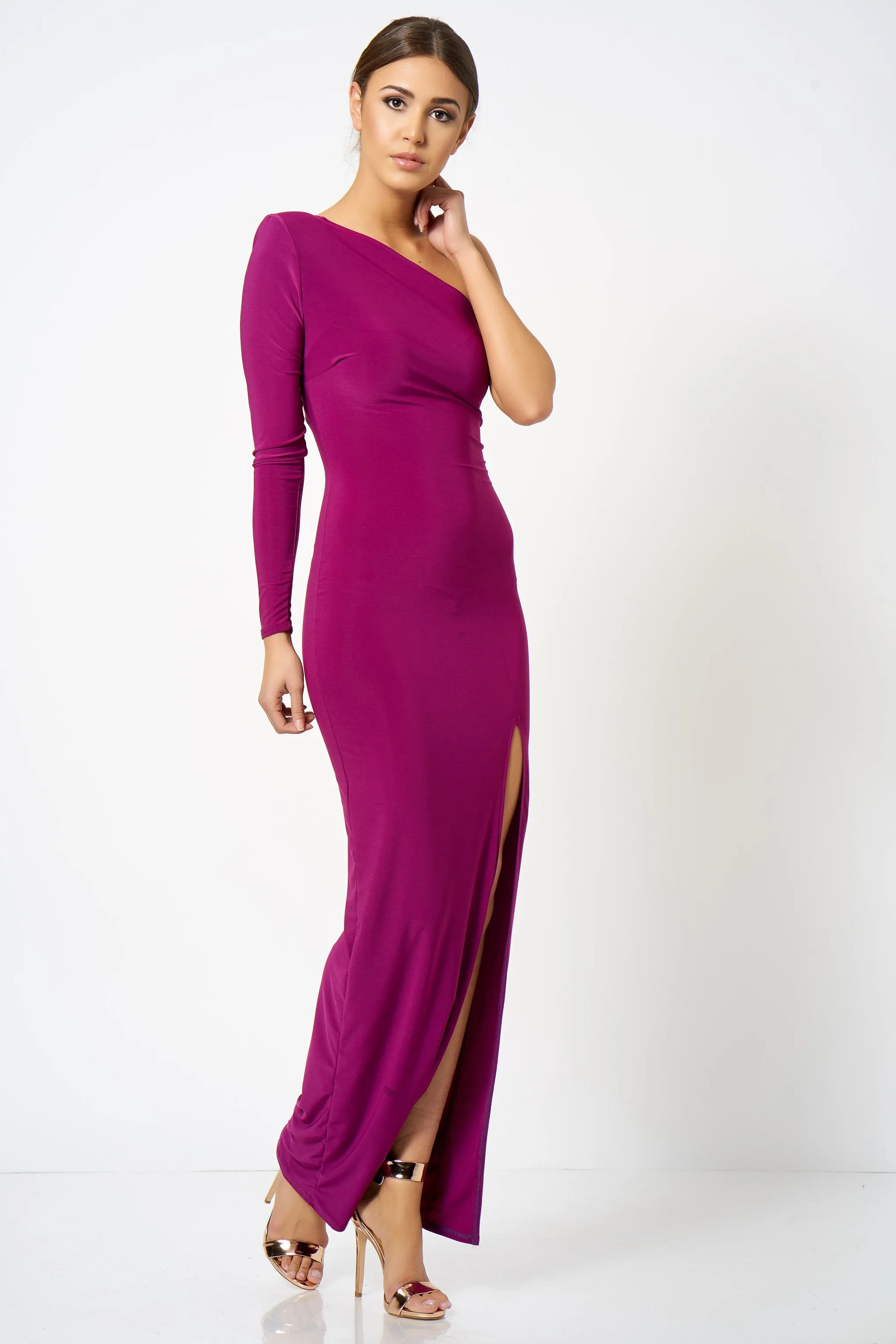 Purple One Shoulder Extreme Split Maxi Dress