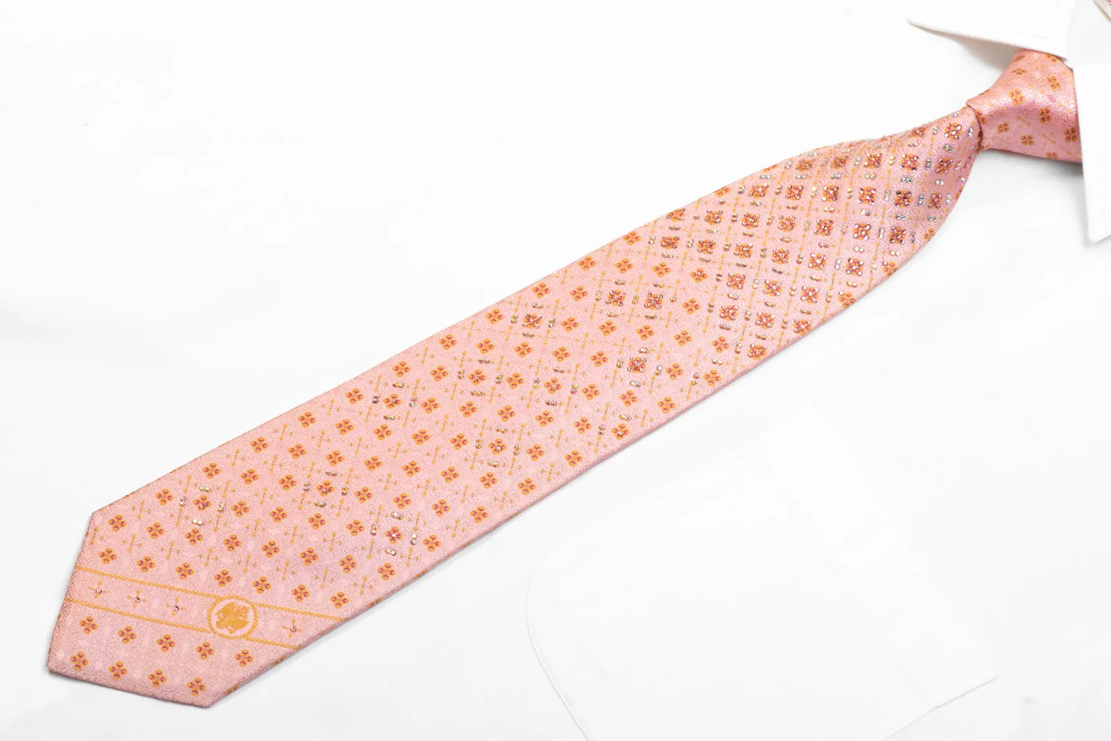 Renoma Rhinestone Silk Tie Golden Cartouche On Pink With Gold Sparkles