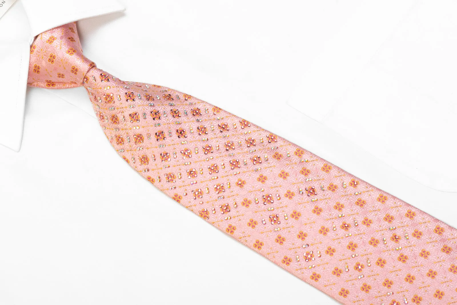 Renoma Rhinestone Silk Tie Golden Cartouche On Pink With Gold Sparkles