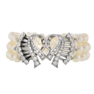 Retro 14kt 3-Strand Pearl & Diamond Bracelet