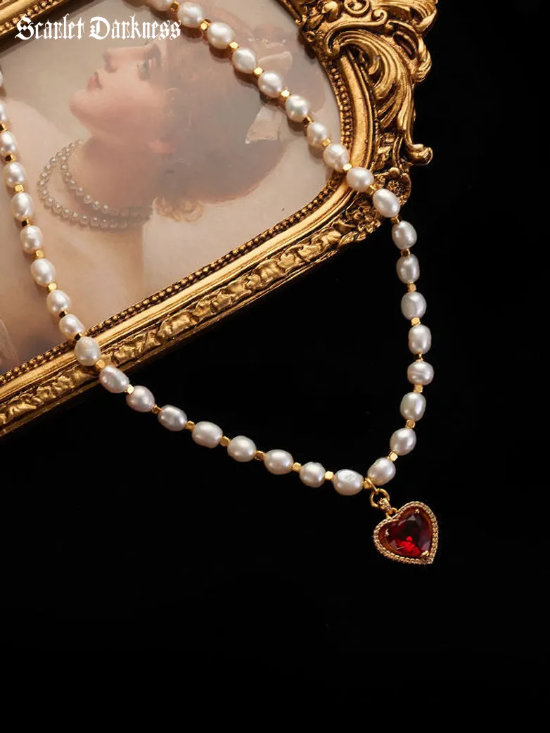 Retro Pearl Garnet Love Shaped Dreamer Necklace