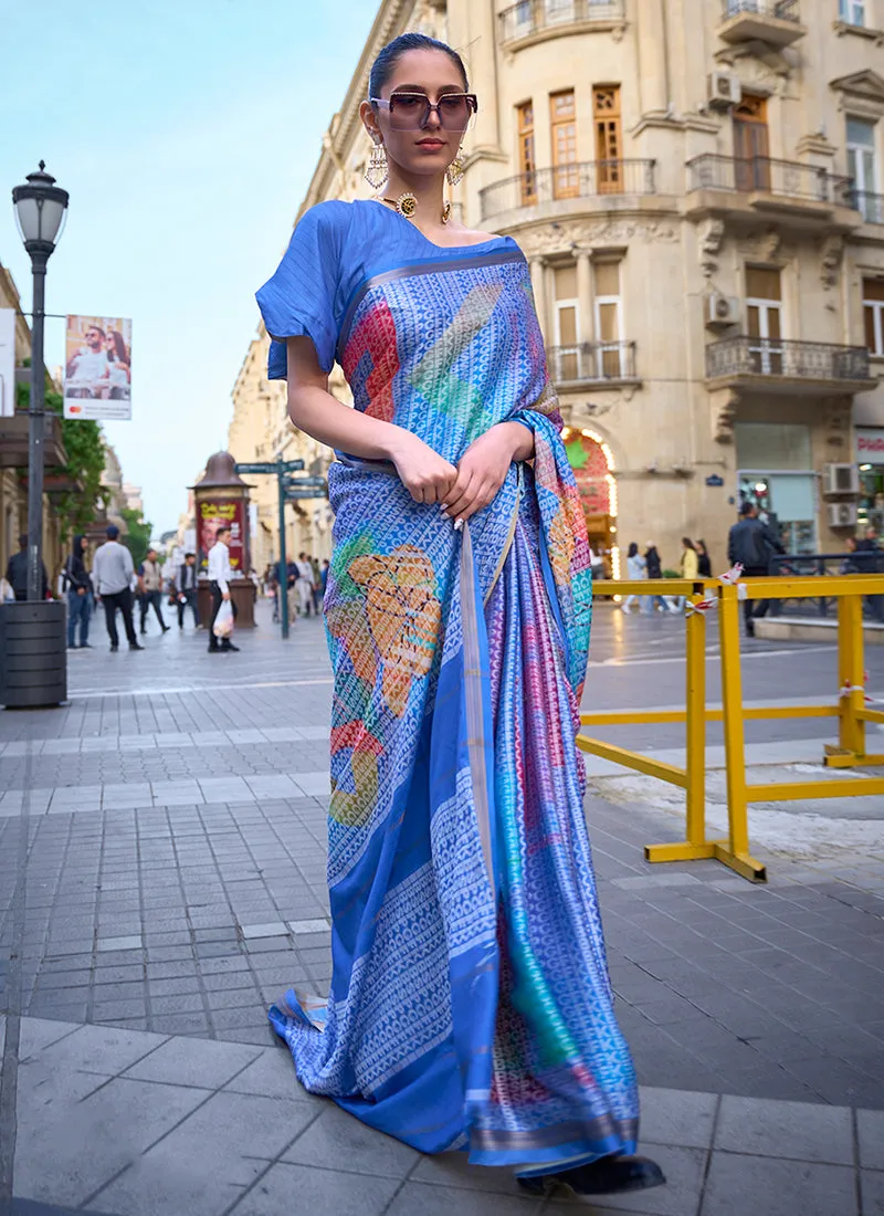 Royal Blue Printed Handloom Woven Viscose Saree