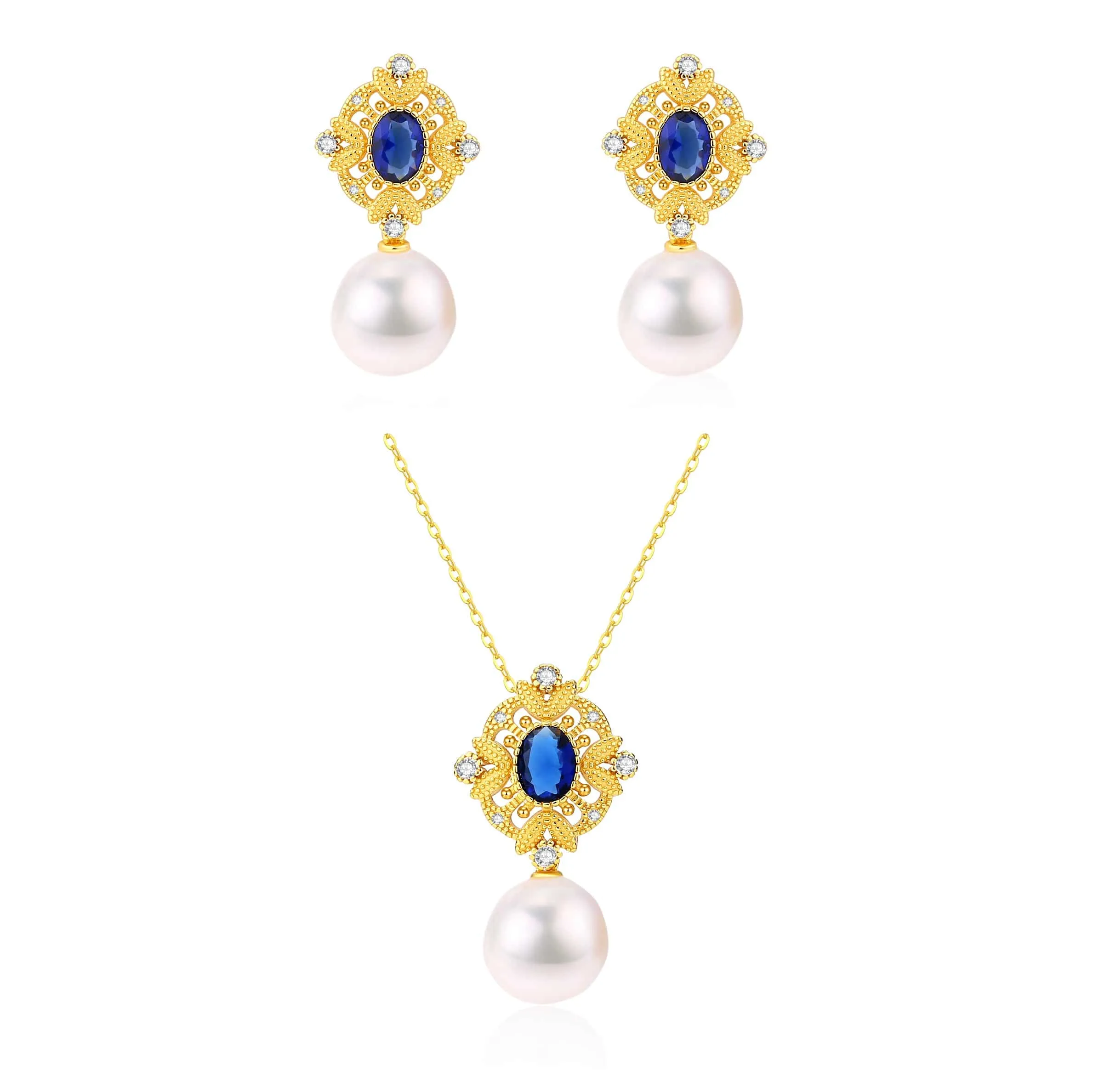 Sapphire Vintage Baroque Pearls Earrings Pendant Necklace (Purchase Individually)