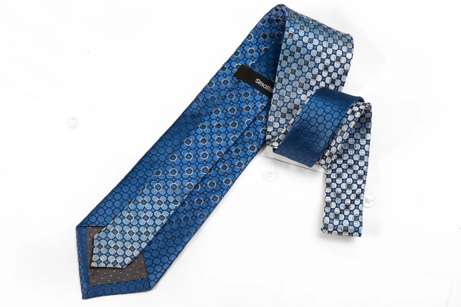 Smalto Men's Crystal Silk Necktie Geometric Circles On Blue With Gold Sparkles