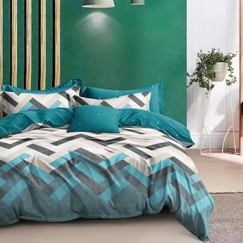 Story@Home Elegance and Comfort Glaze Cotton, Microfiber 240 TC All Season Boho Collection Printed Double Bedsheet Set with King Size Pillow Covers- 225CM X 250CM- Cyan Blue & White