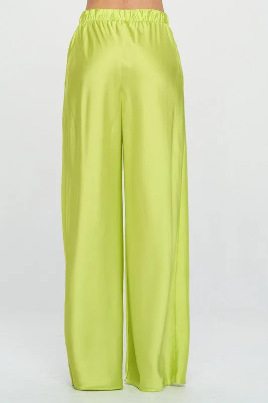 Stretch Satin Pants w/ Elastic Waist and Pockets