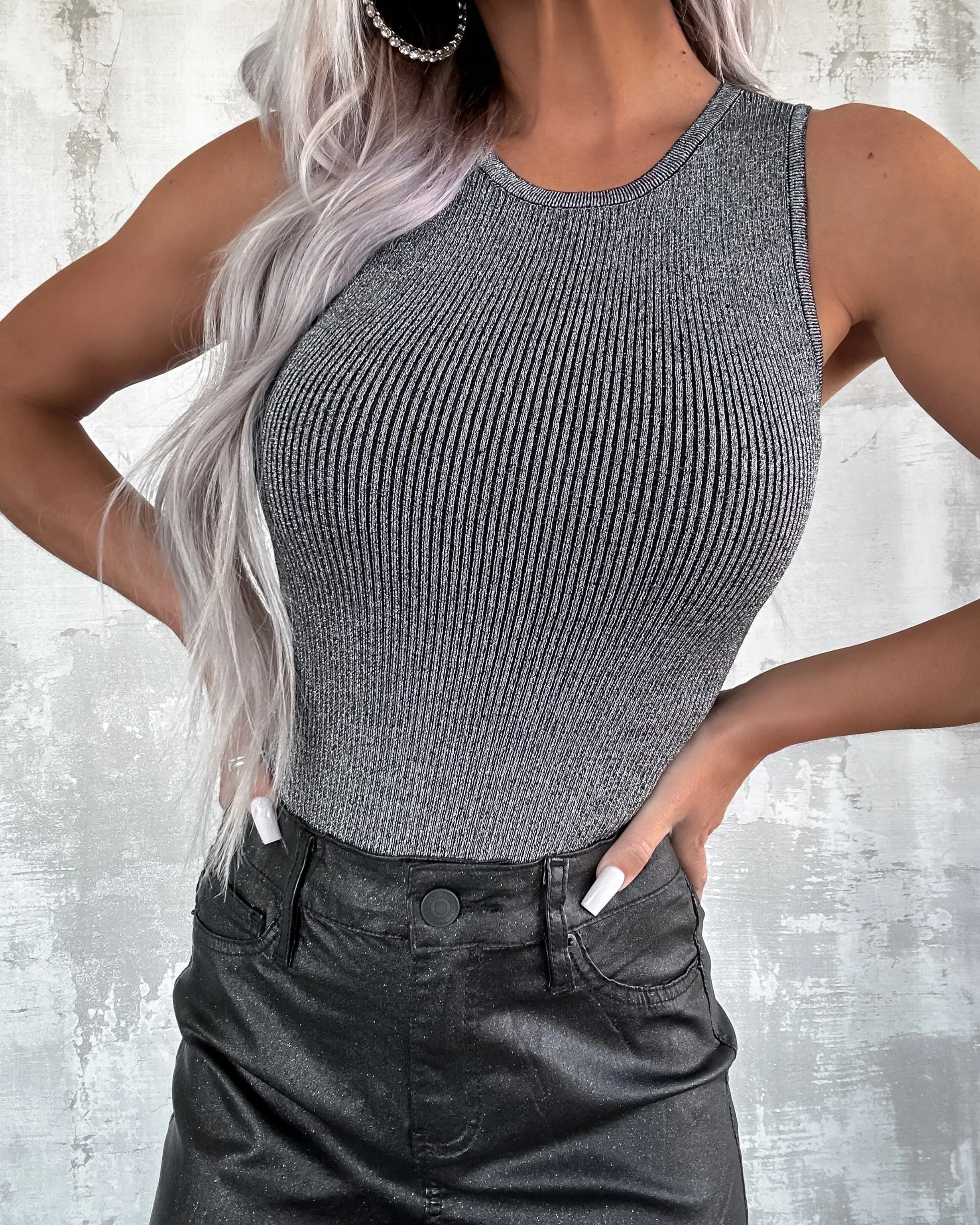 Tell Me Metallic Ribbed Bodysuit - Black/Silver