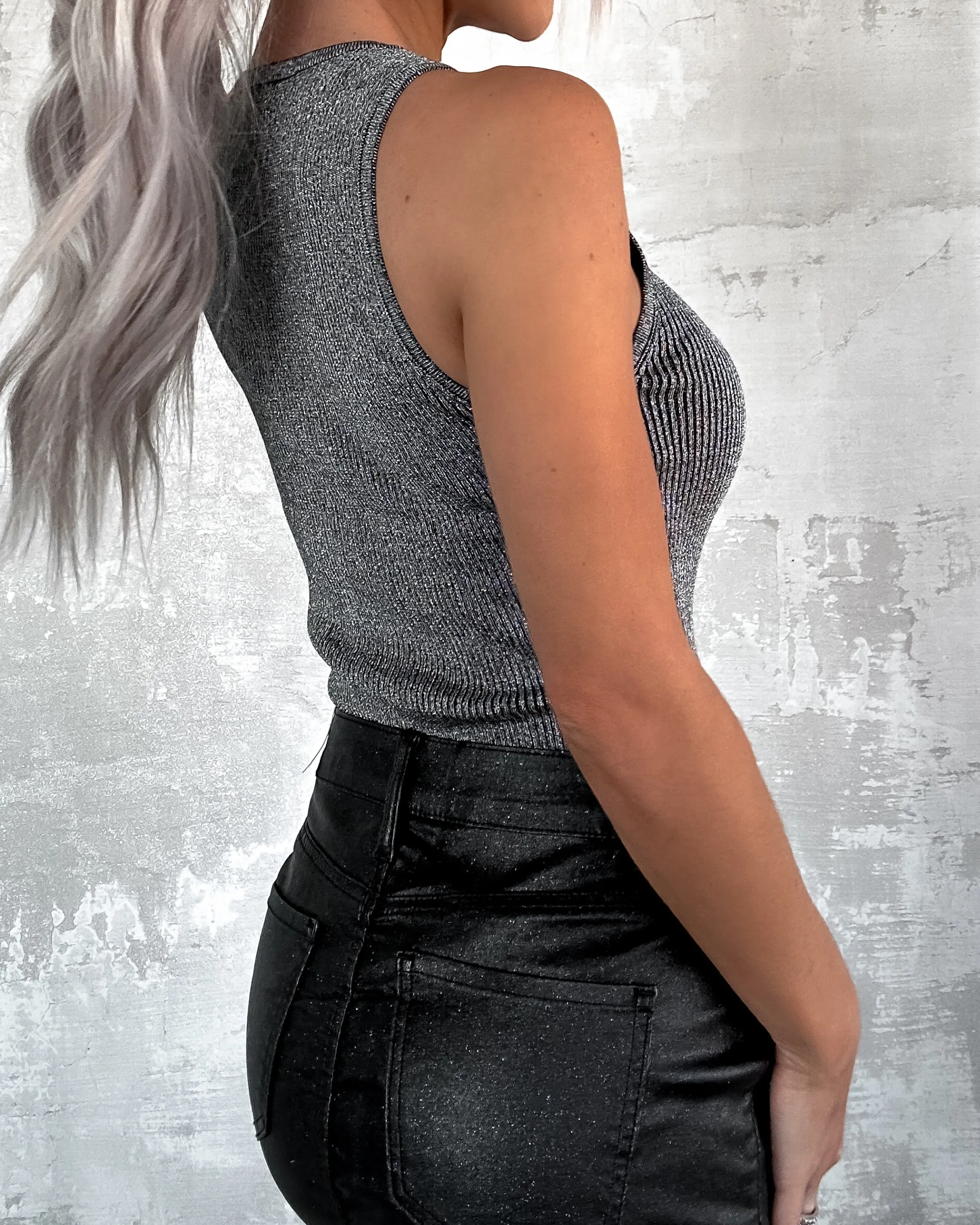 Tell Me Metallic Ribbed Bodysuit - Black/Silver