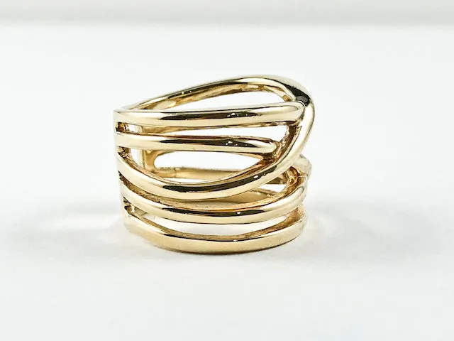 Unique Modern Multiple Criss Cross Design Pattern Gold Tone Metallic Silver Ring