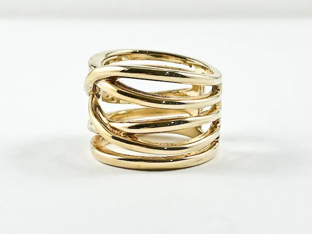 Unique Modern Multiple Criss Cross Design Pattern Gold Tone Metallic Silver Ring