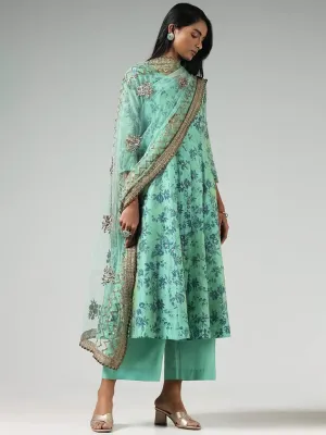 Vark Green Floral Printed Button-down Cotton Kurta, Palazzos, Inner and Dupatta Set