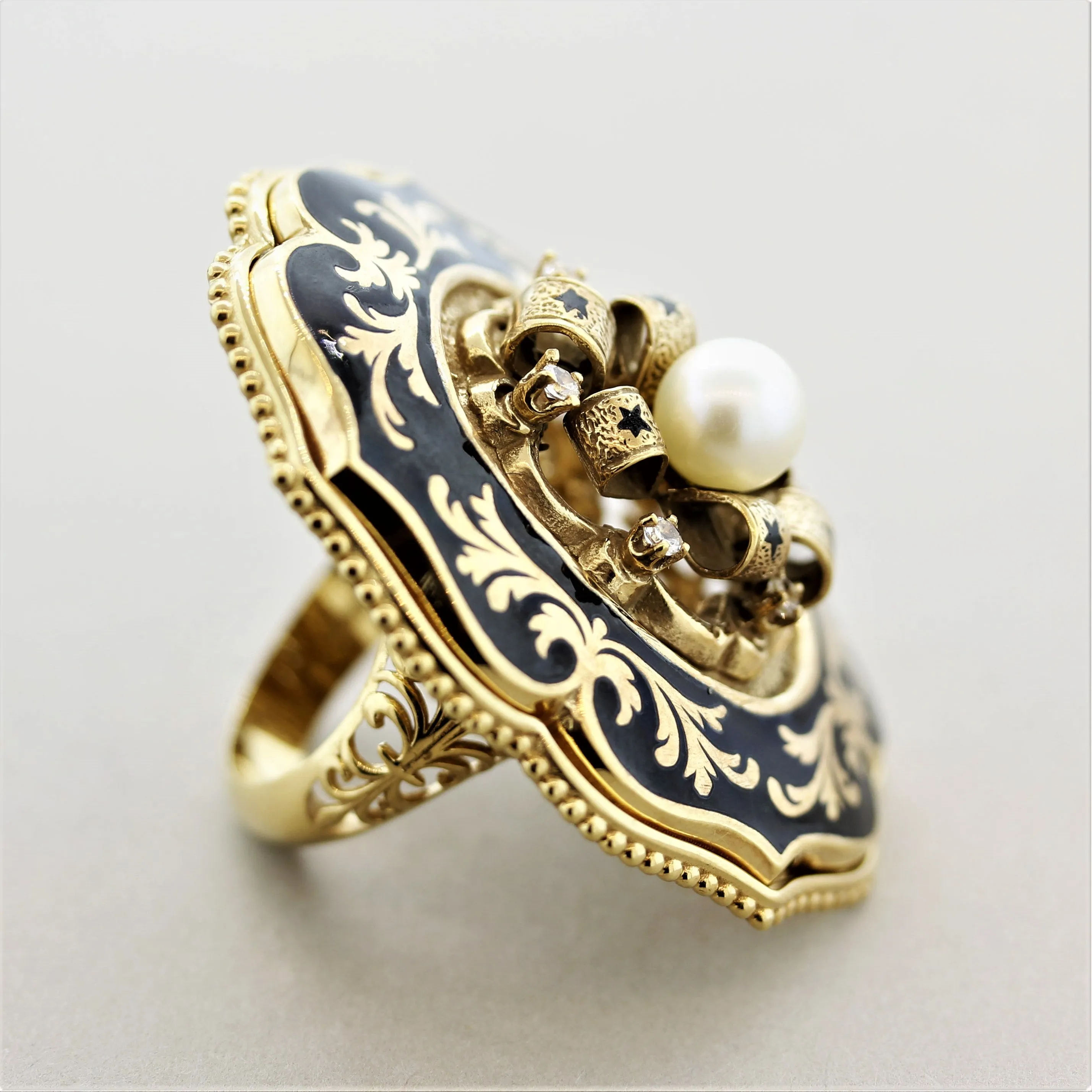 Victorian Antique-Style Diamond Pearl Enamel Gold Cocktail Ring