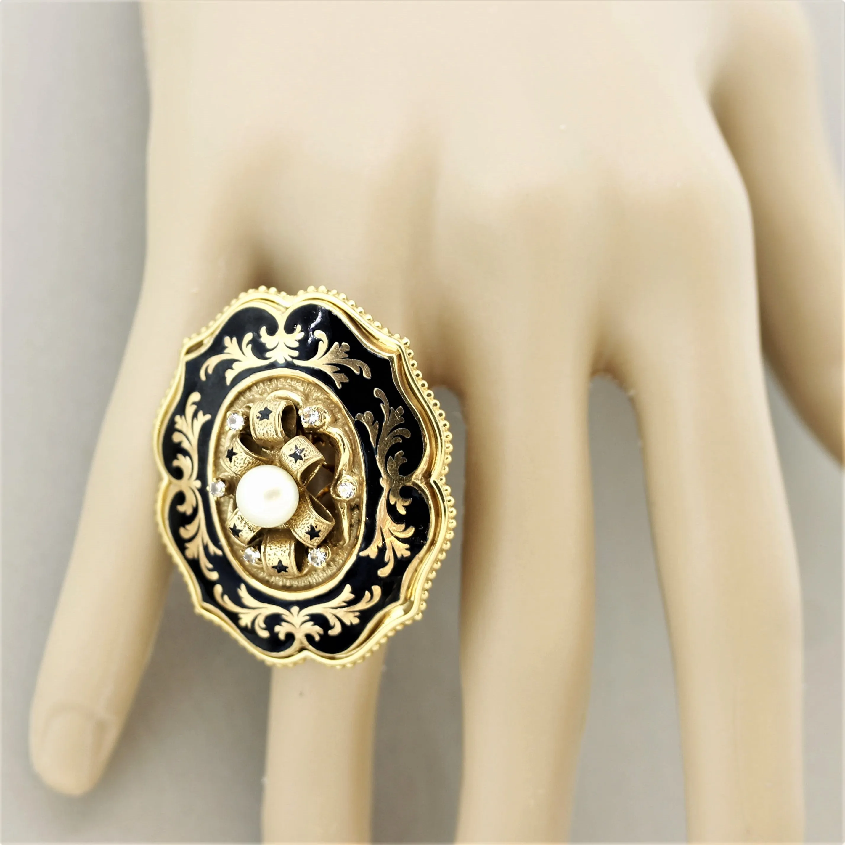 Victorian Antique-Style Diamond Pearl Enamel Gold Cocktail Ring