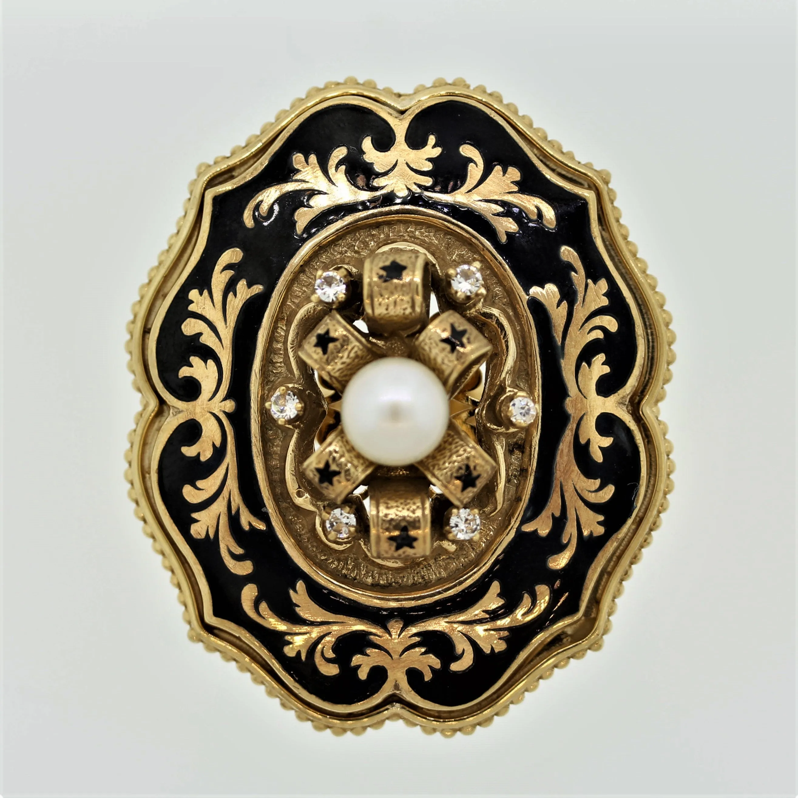 Victorian Antique-Style Diamond Pearl Enamel Gold Cocktail Ring