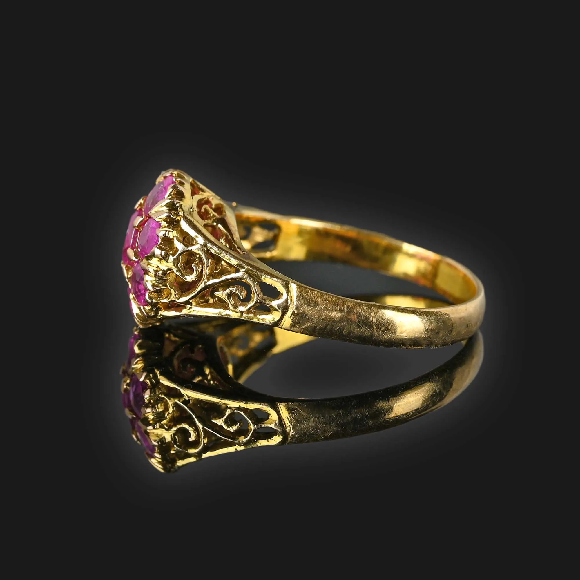 Vintage 14K Gold Filigree Ruby Cluster Ring