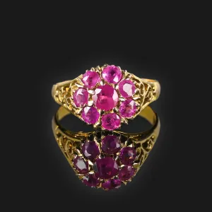 Vintage 14K Gold Filigree Ruby Cluster Ring