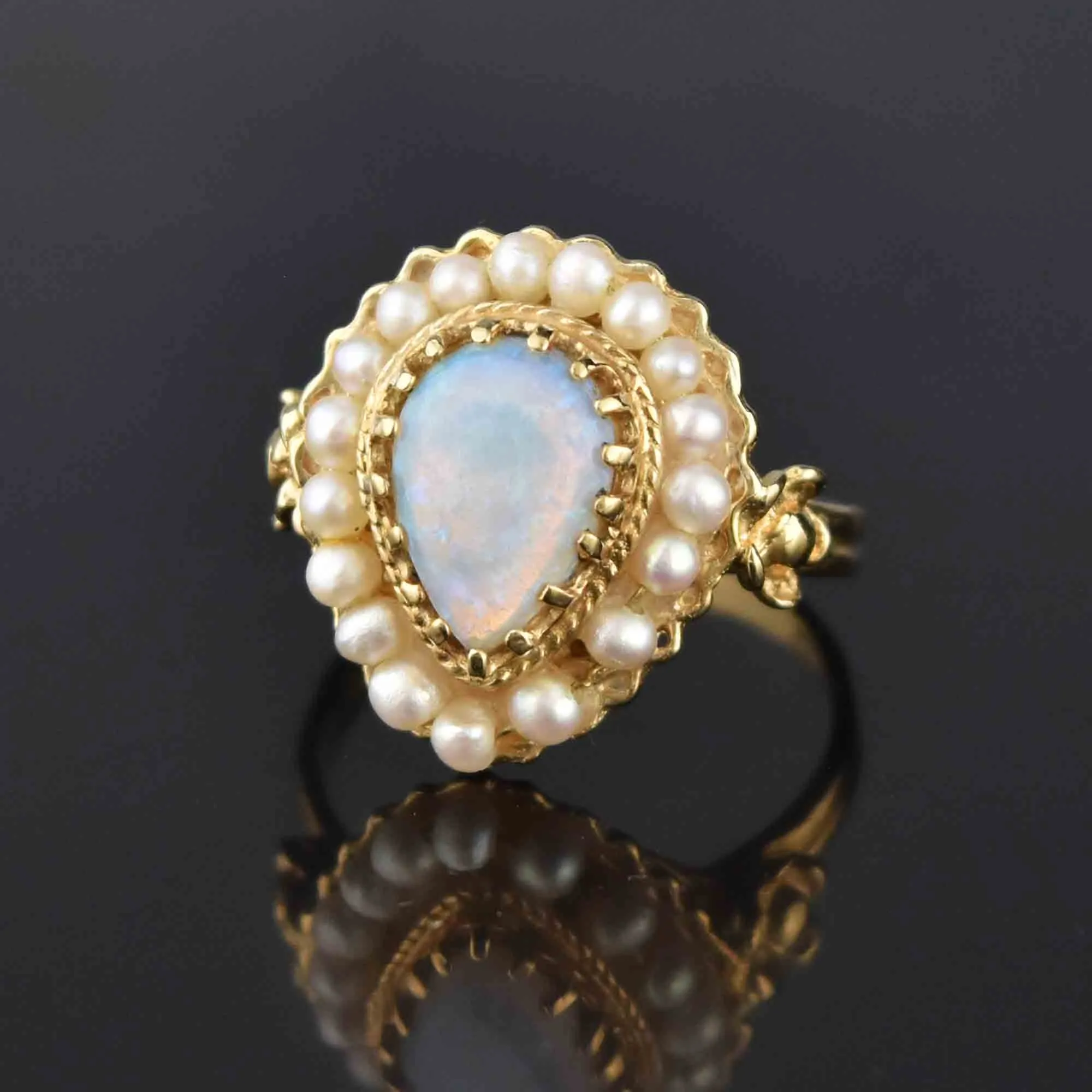 Vintage 14K Gold Pearl Halo Pear Cabochon Opal Ring