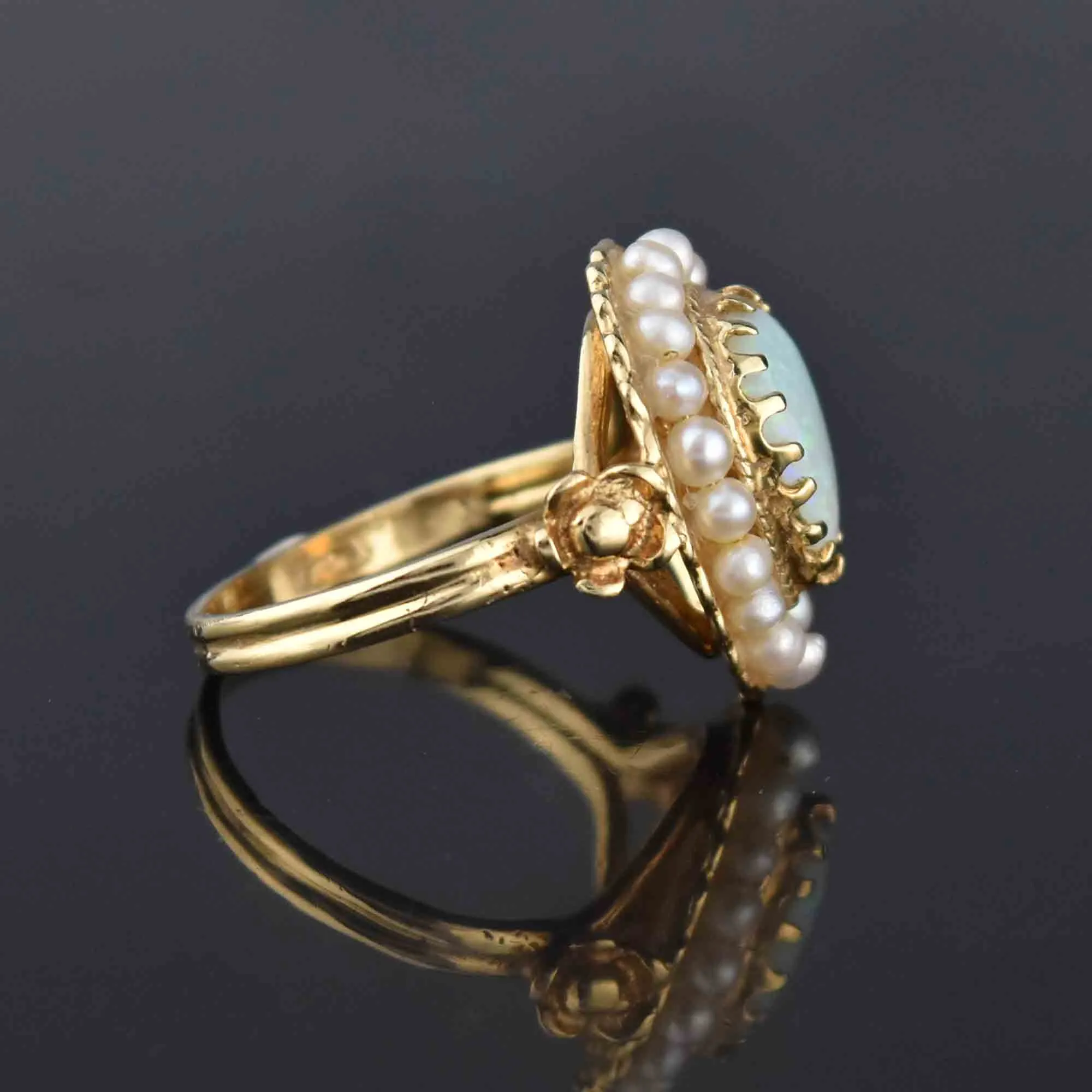 Vintage 14K Gold Pearl Halo Pear Cabochon Opal Ring