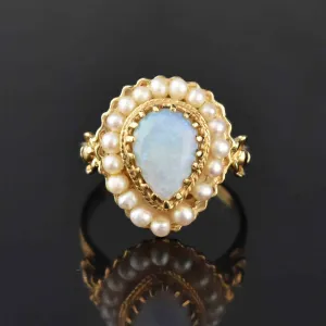 Vintage 14K Gold Pearl Halo Pear Cabochon Opal Ring