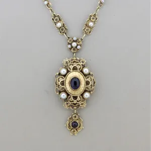 Vintage Antique-Style Amethyst Pearl Gold Drop Necklace