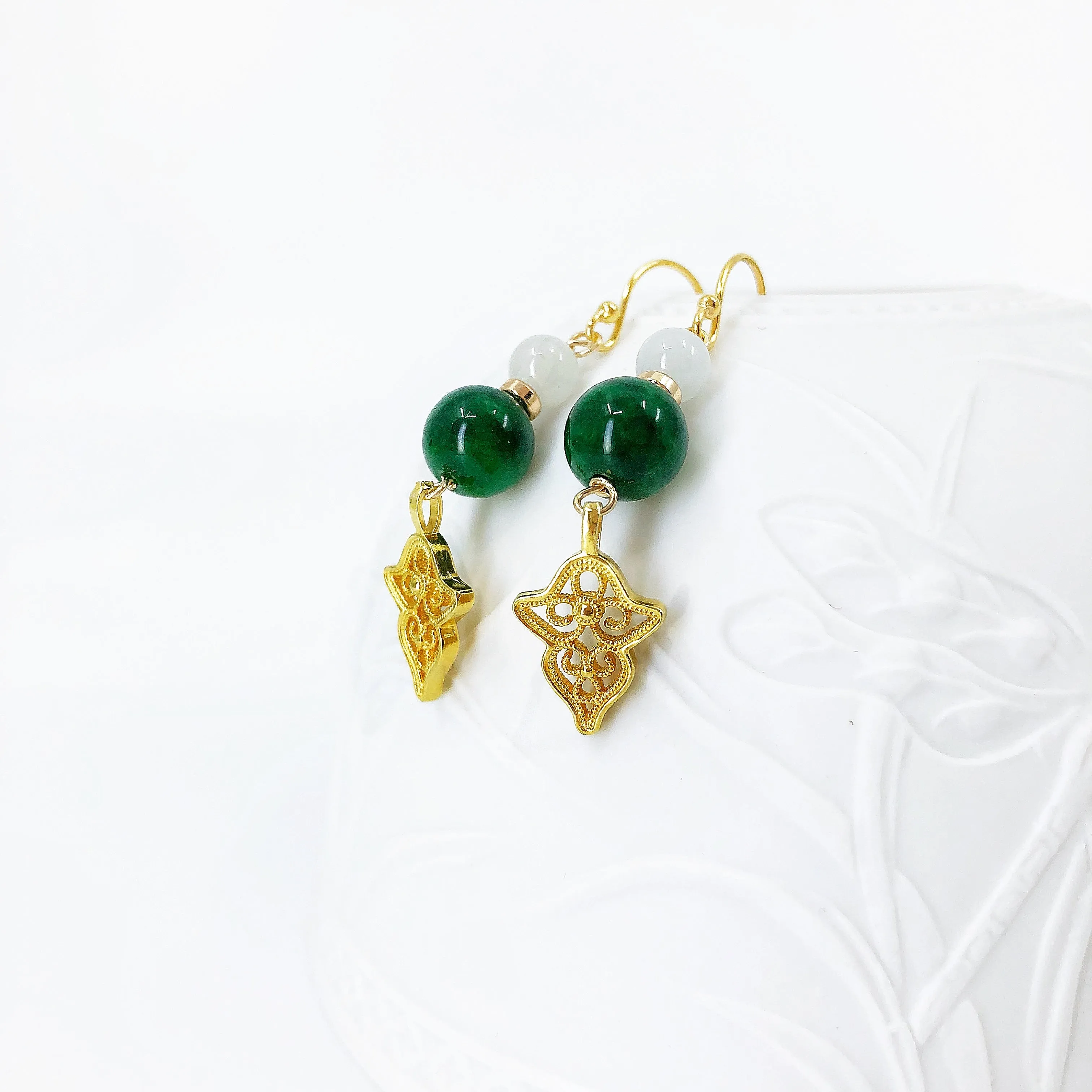 Vintage Style Gold Jade Filigree Earrings