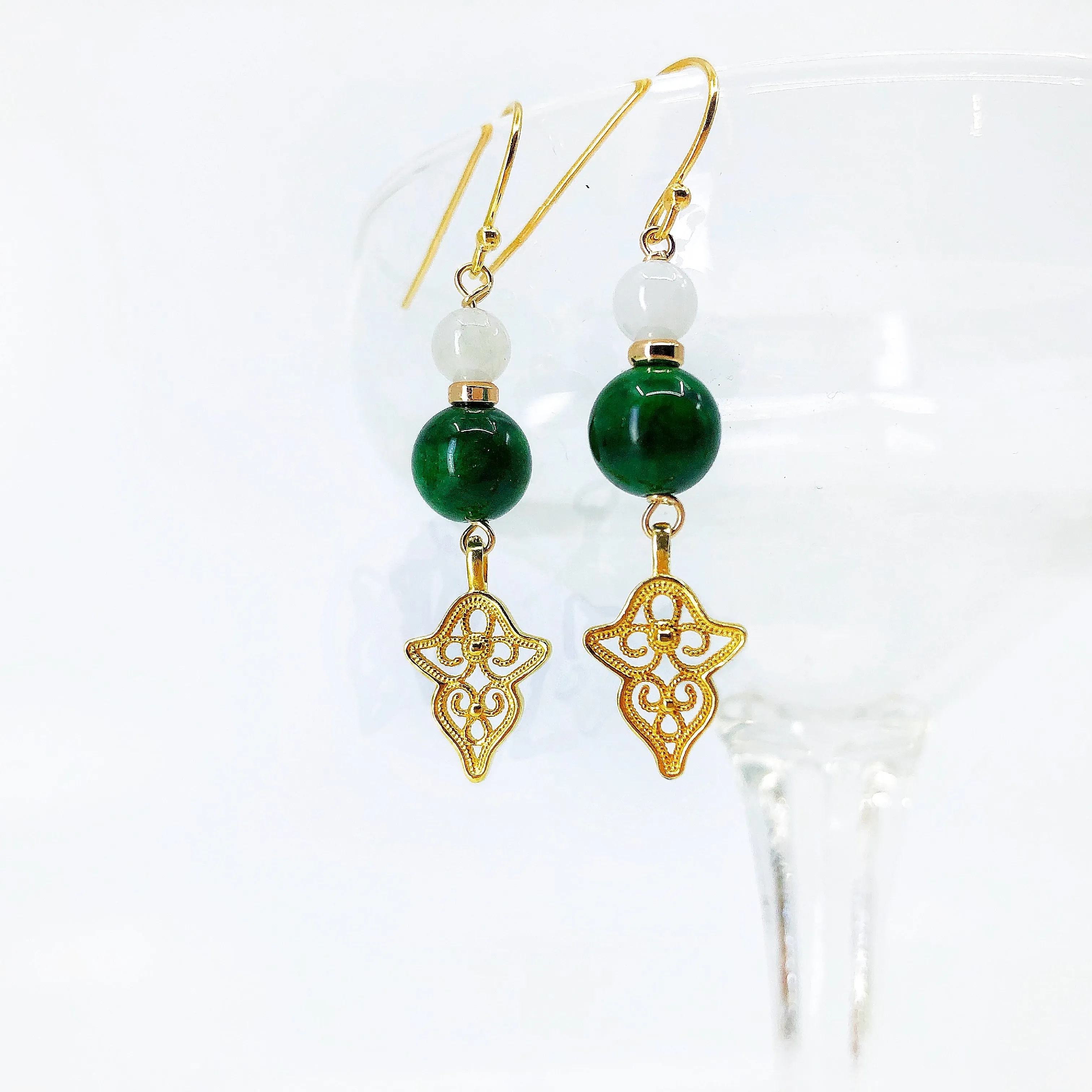 Vintage Style Gold Jade Filigree Earrings