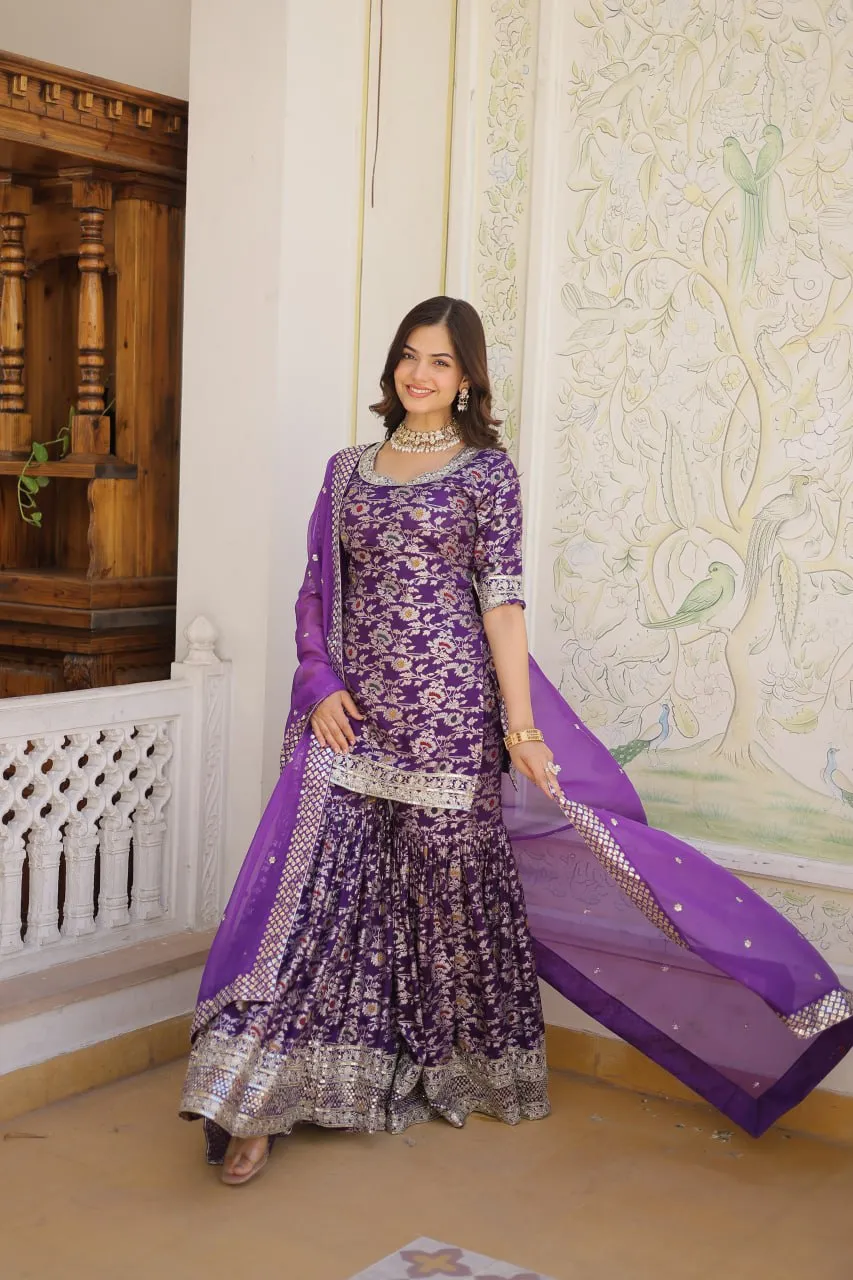 Viscose Jacquard Sequined Light Purple Kurti with Embroidered Sharara & Russian Silk Dupatta