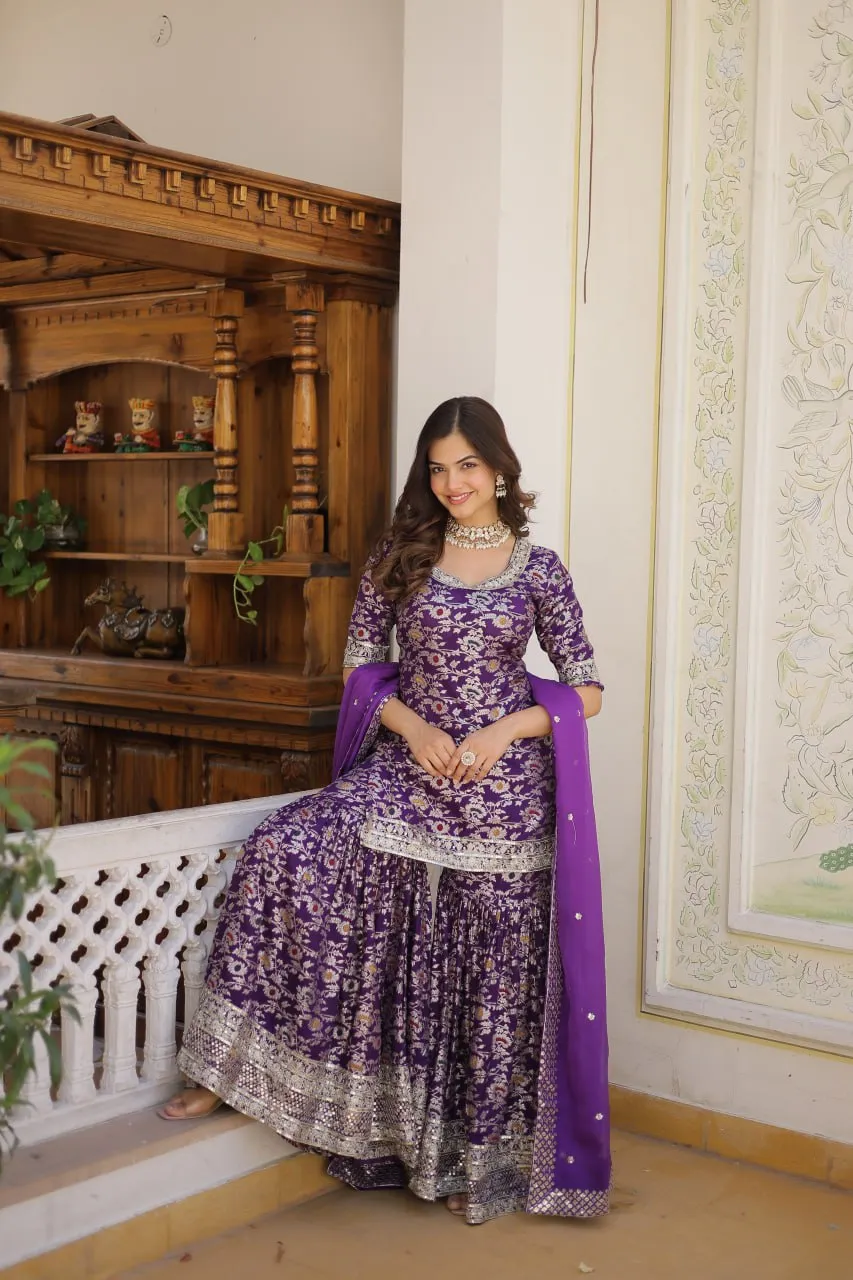 Viscose Jacquard Sequined Light Purple Kurti with Embroidered Sharara & Russian Silk Dupatta