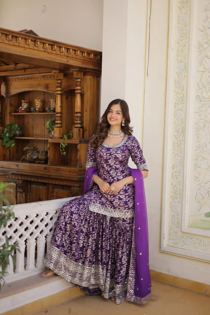 Viscose Jacquard Sequined Light Purple Kurti with Embroidered Sharara & Russian Silk Dupatta