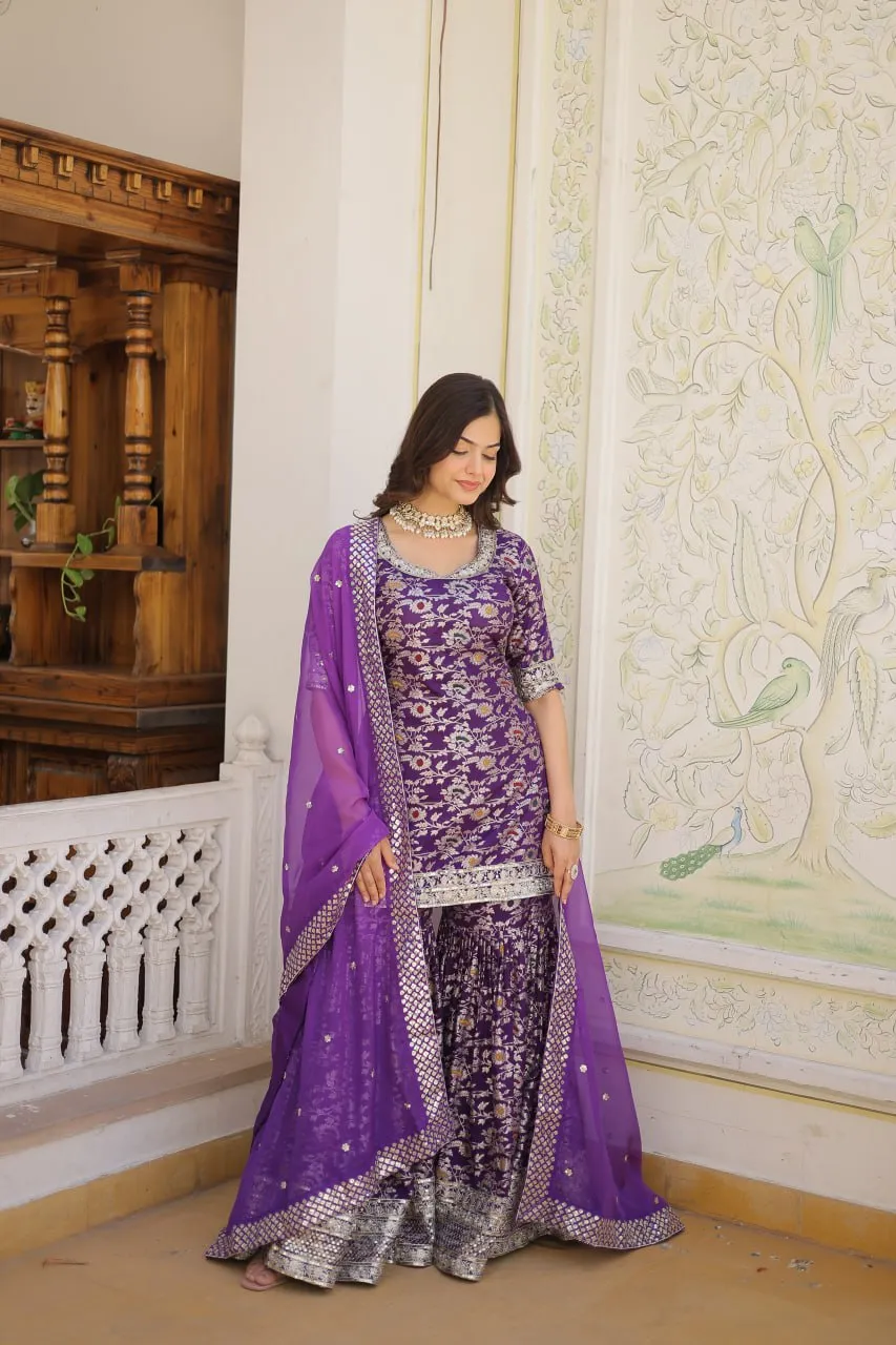 Viscose Jacquard Sequined Light Purple Kurti with Embroidered Sharara & Russian Silk Dupatta