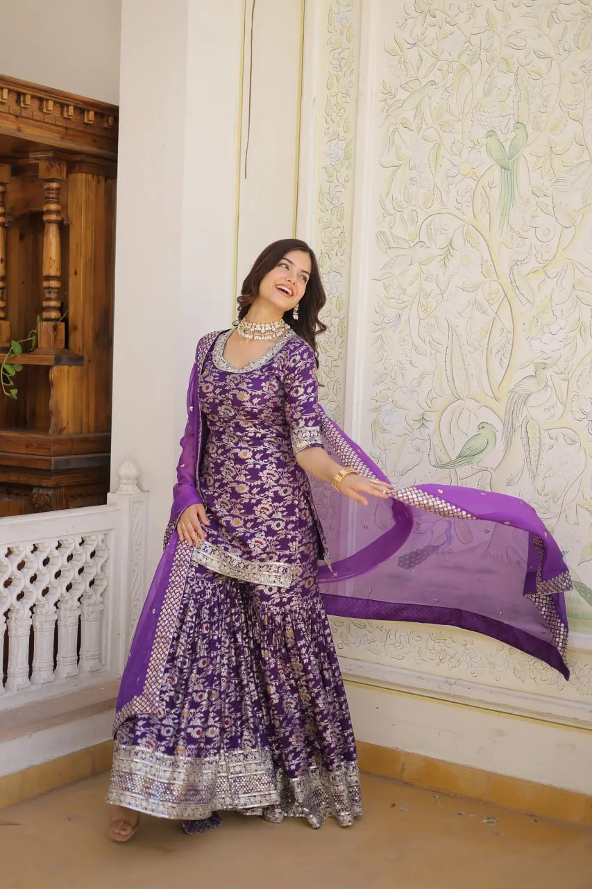 Viscose Jacquard Sequined Light Purple Kurti with Embroidered Sharara & Russian Silk Dupatta