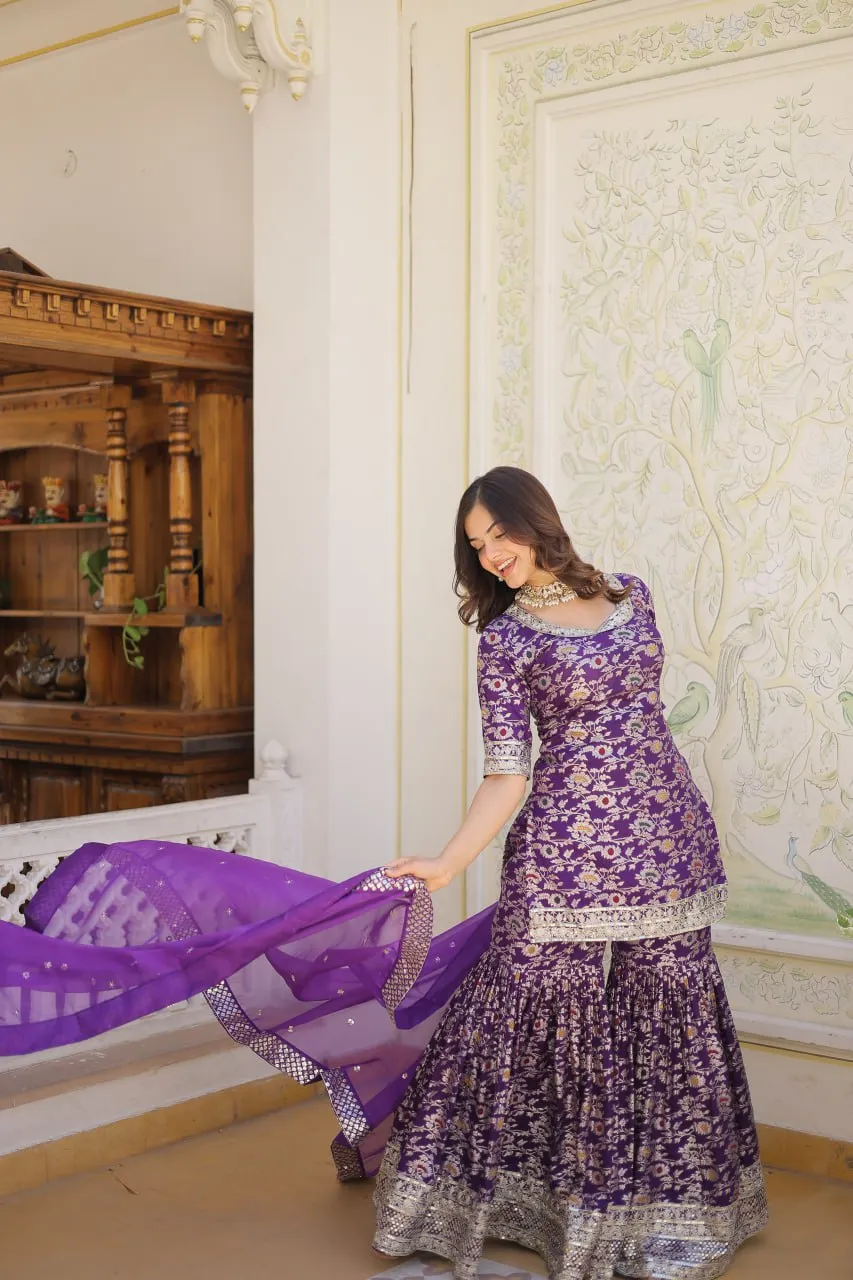 Viscose Jacquard Sequined Light Purple Kurti with Embroidered Sharara & Russian Silk Dupatta